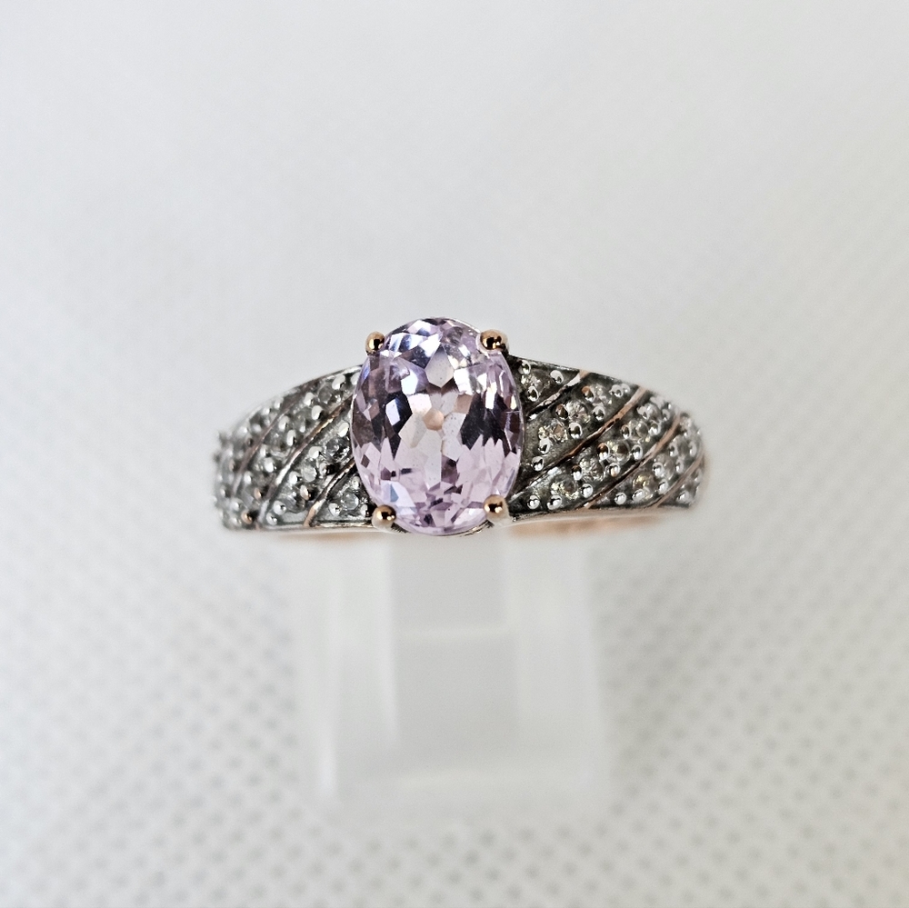 Natural Pink Kunzite & Diamond Ring 18k Rose Gold Sterling Silver Size 7.5 - Picture 3 of 12